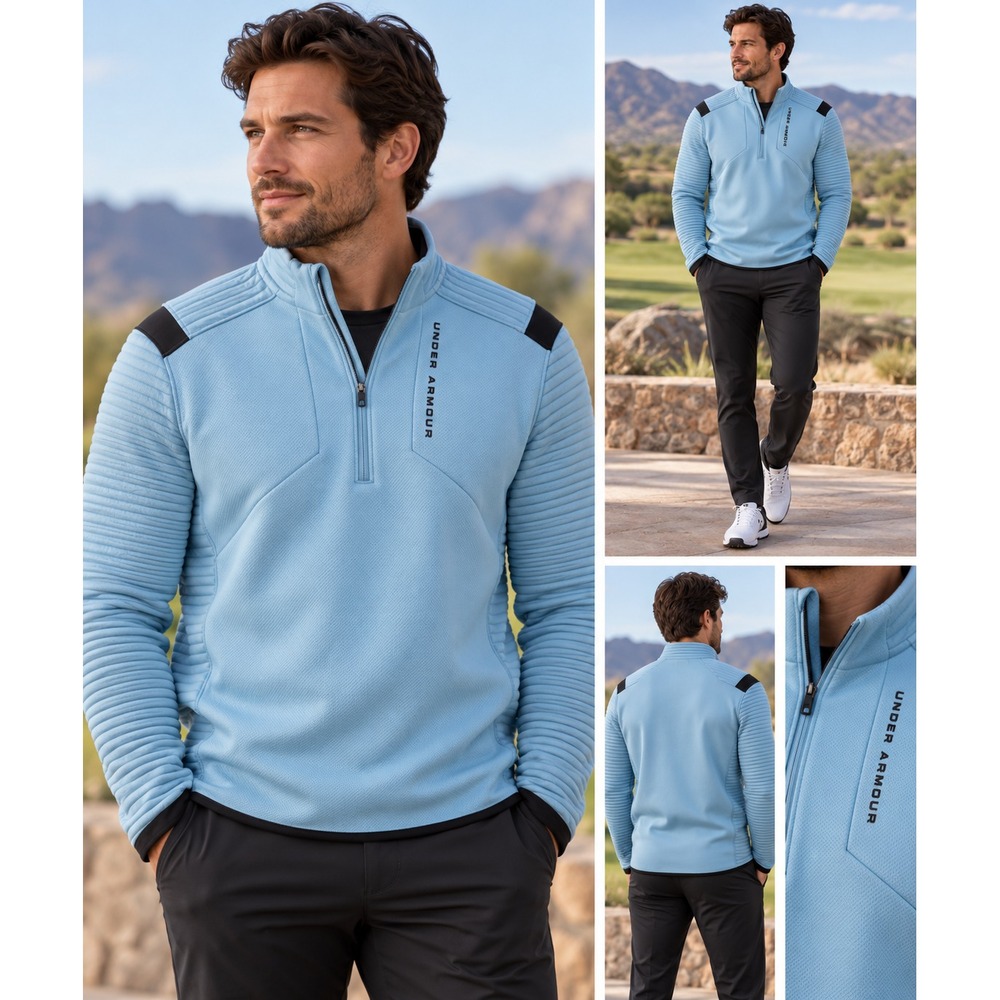 Under Armour Men's ColdGear Pullover Jacket Light Blue Ribbed Quarter Zip Medium